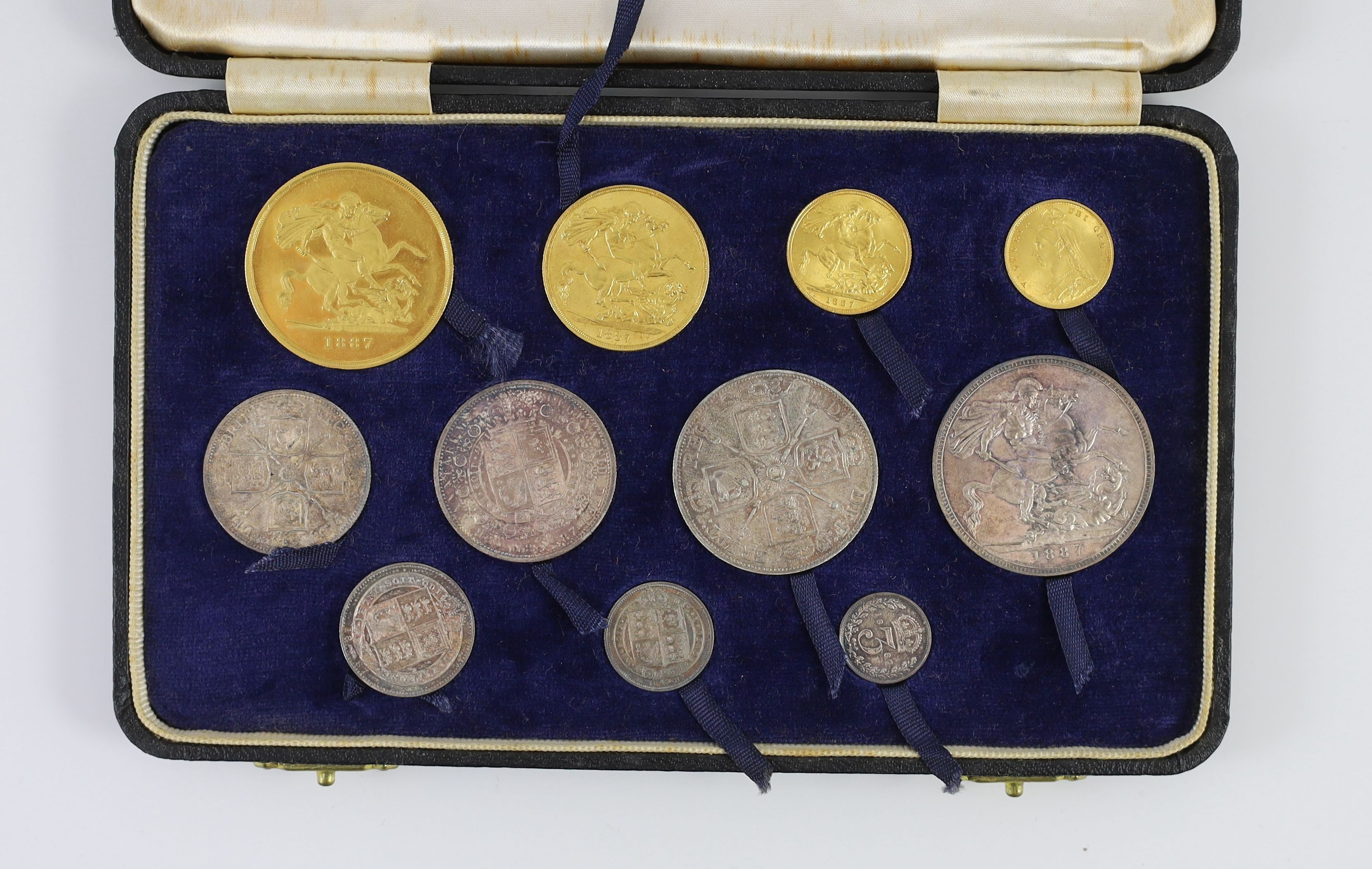 PLEASE NOTE THIS IS A SPECIMEN SET, UK coins, a cased Victoria 1887 Golden Jubilee gold and silver eleven coin set.